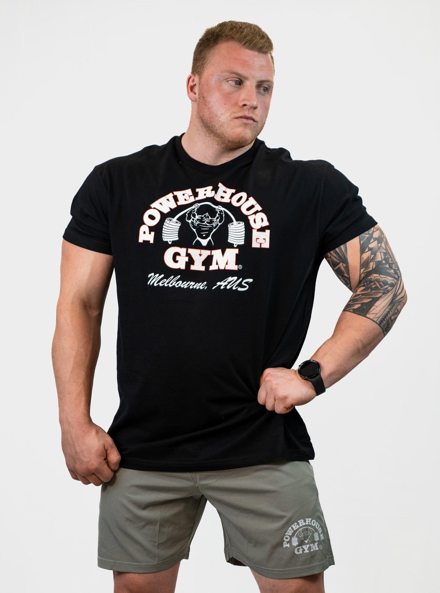 Powerhouse Gym Pro Shop Block T-Shirt Black/Solid white w/ Red Outline