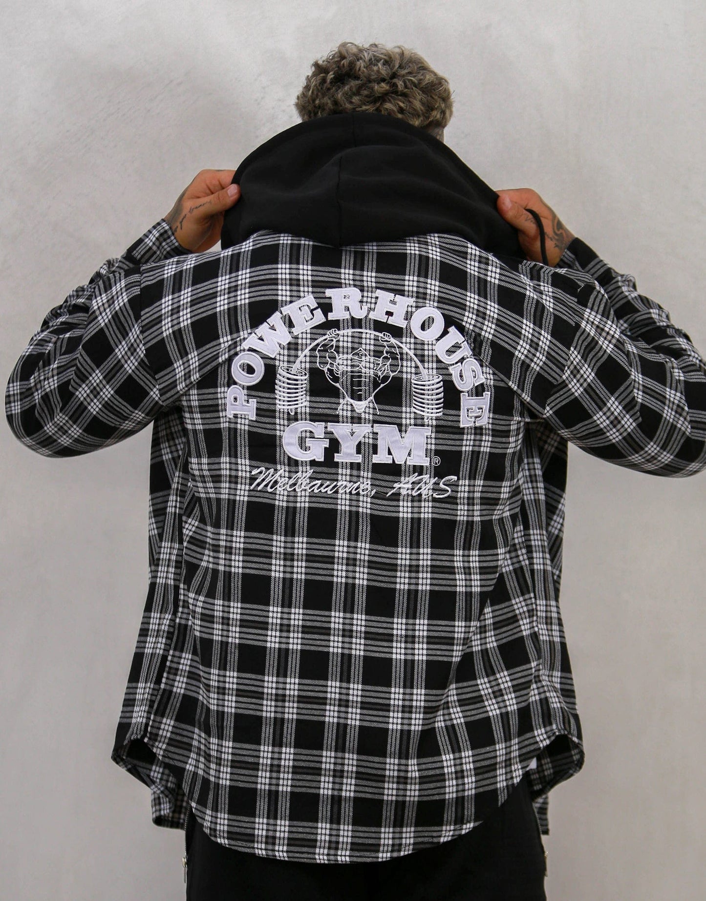 Powerhouse Gym Pro Shop Casual Plaid Flannel Hooded Shirt