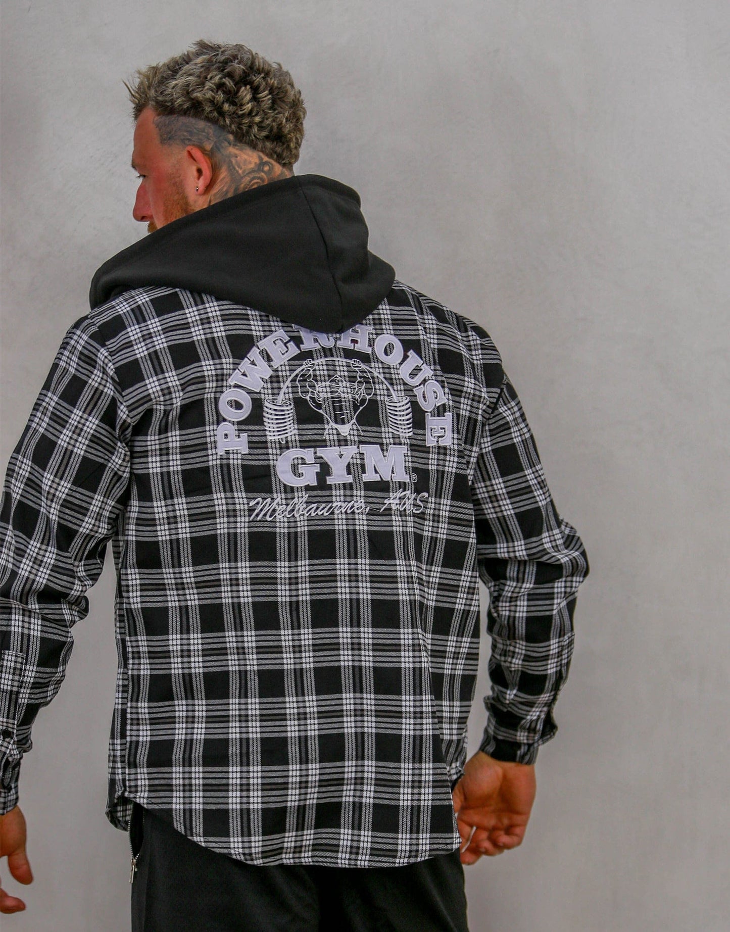 Powerhouse Gym Pro Shop Casual Plaid Flannel Hooded Shirt