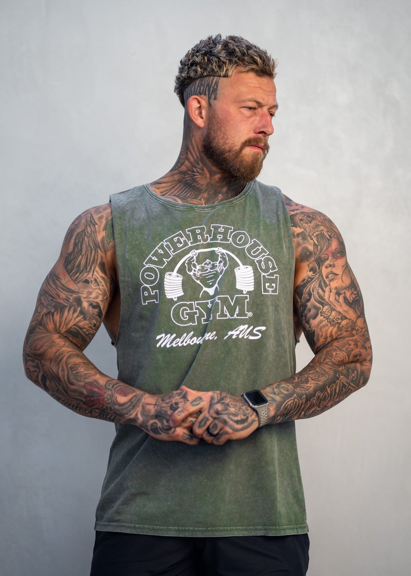 Powerhouse Gym Pro Shop Faded Tank-Khaki