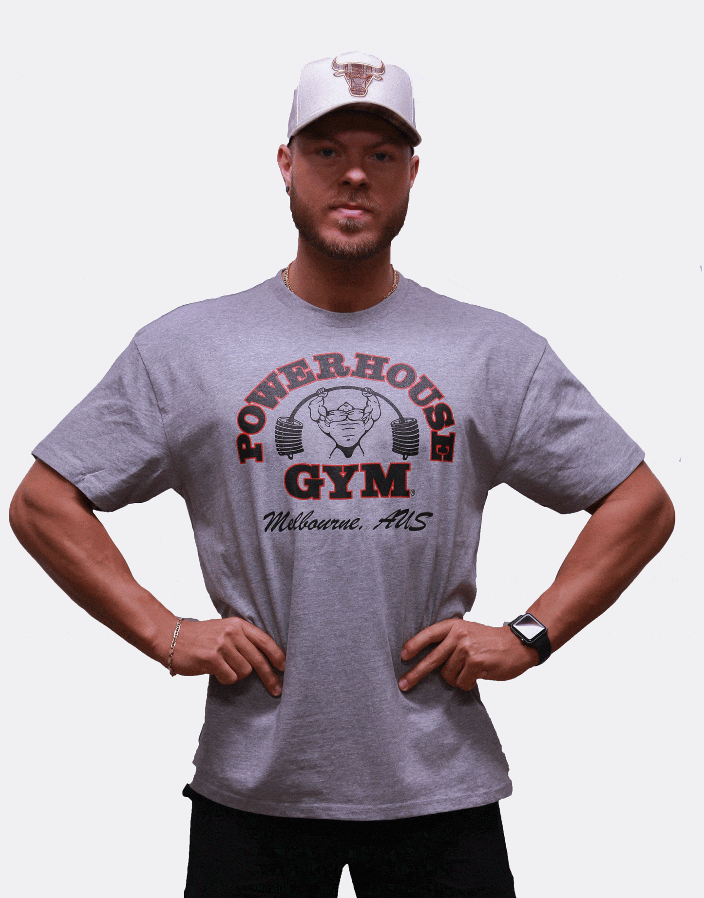 Powerhouse Gym Pro Shop Block T-Shirt Grey/Black Red Outline
