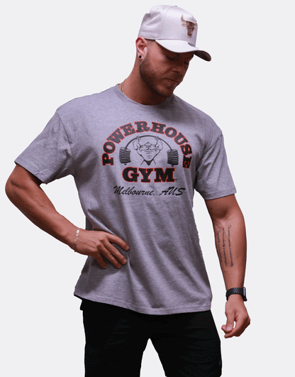 Powerhouse Gym Pro Shop Block T-Shirt Grey/Black Red Outline