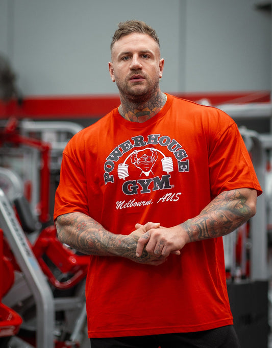 Powerhouse Gym Pro Shop Block T-Shirt Red /Solid White/ Black Outline