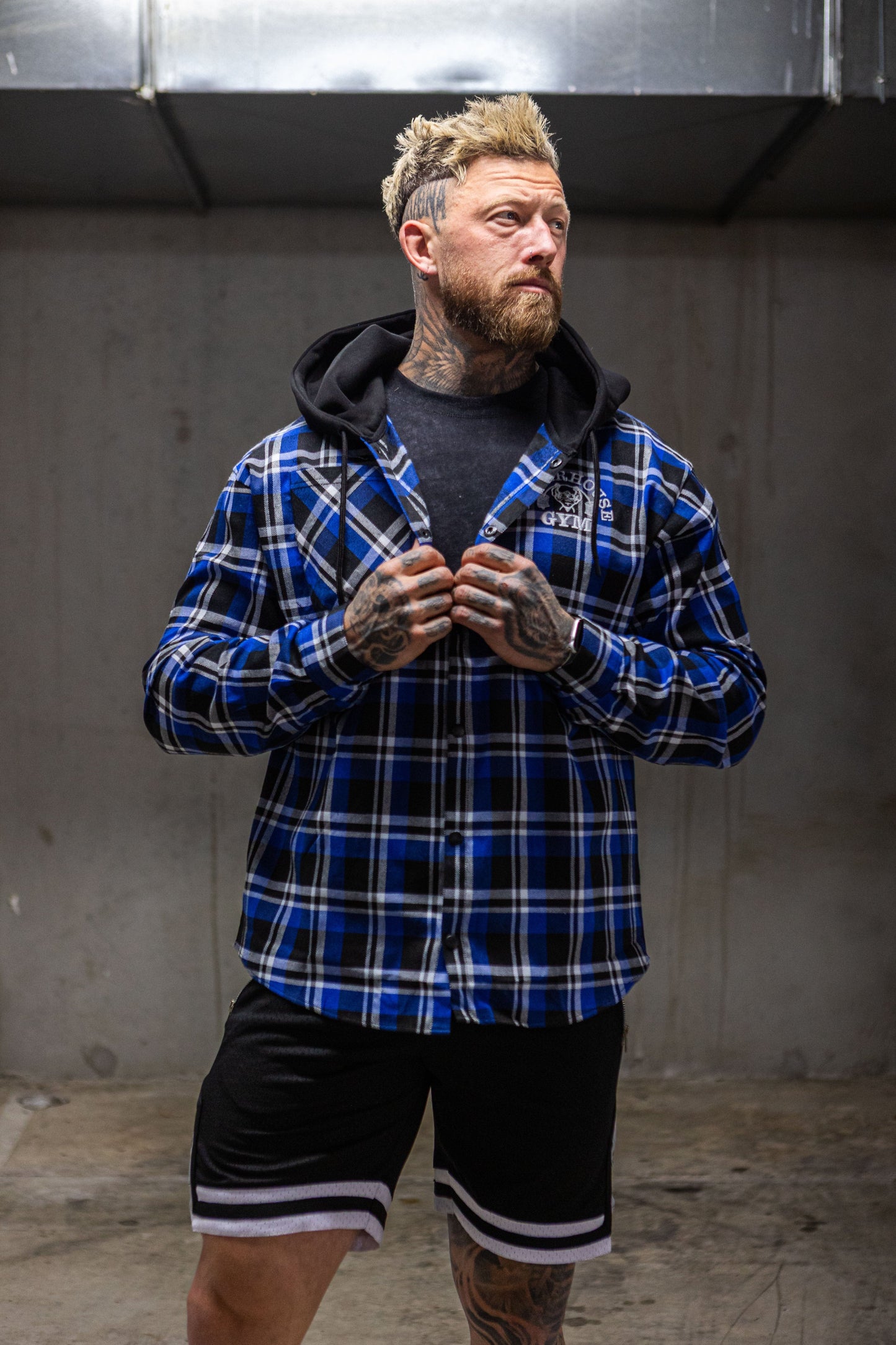 Powerhouse Gym Pro Shop Casual Plaid Flannel Hooded Shirt - Blue