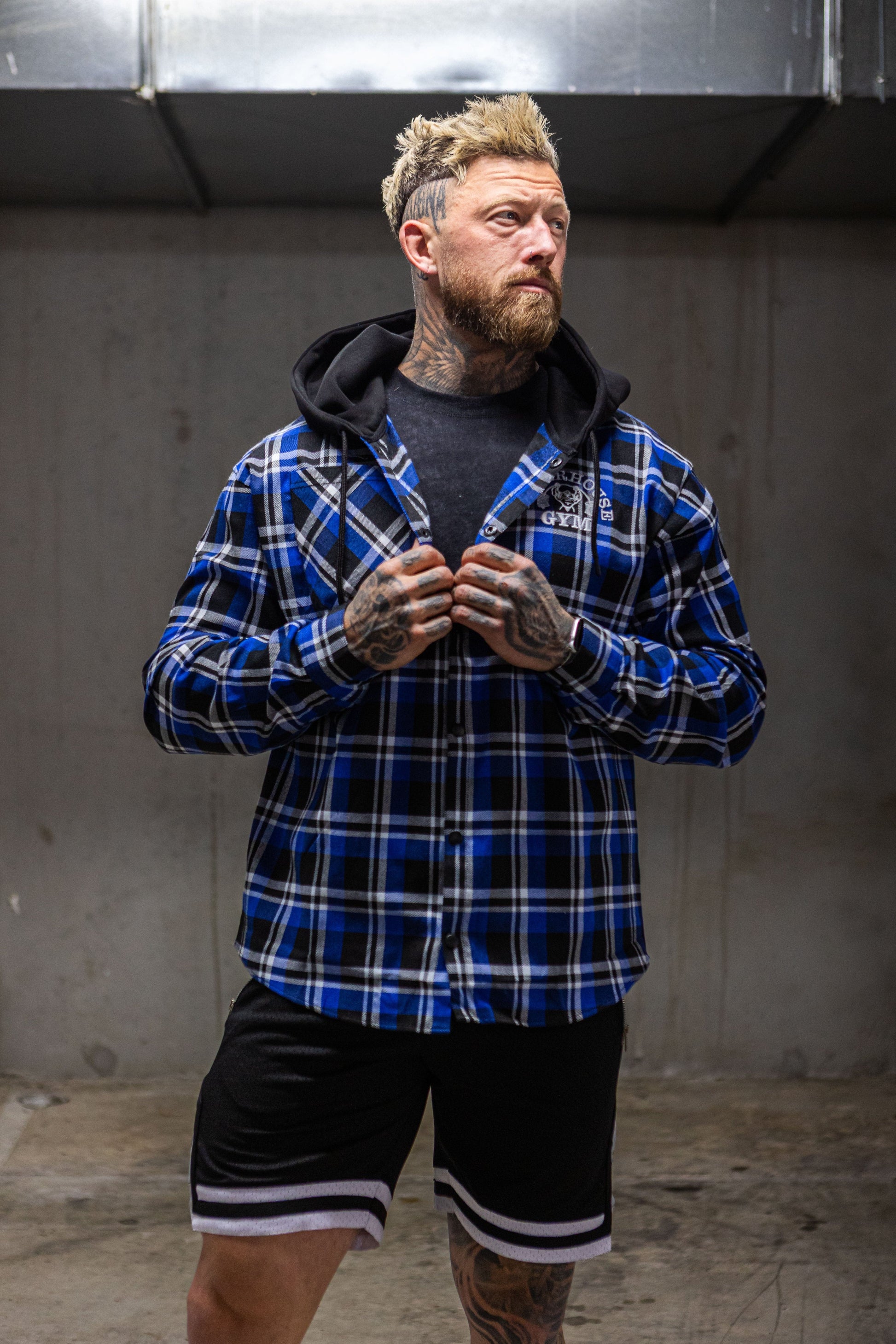 Powerhouse Gym Pro Shop Casual Plaid Flannel Hooded Shirt - Blue