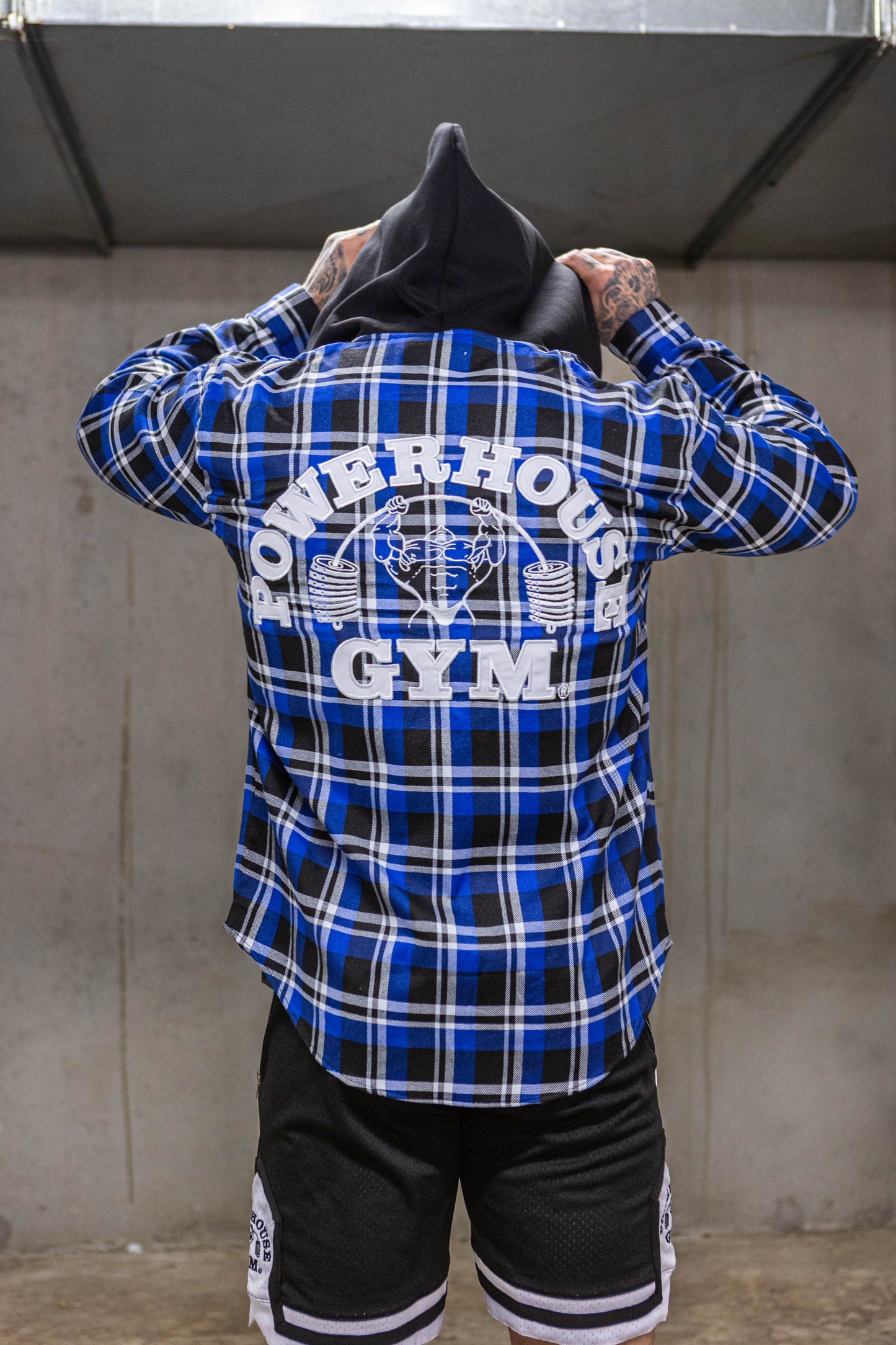 Powerhouse Gym Pro Shop Casual Plaid Flannel Hooded Shirt - Blue