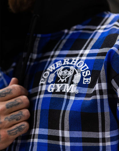 Powerhouse Gym Pro Shop Casual Plaid Flannel Hooded Shirt - Blue