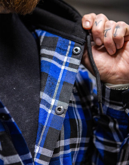 Powerhouse Gym Pro Shop Casual Plaid Flannel Hooded Shirt - Blue
