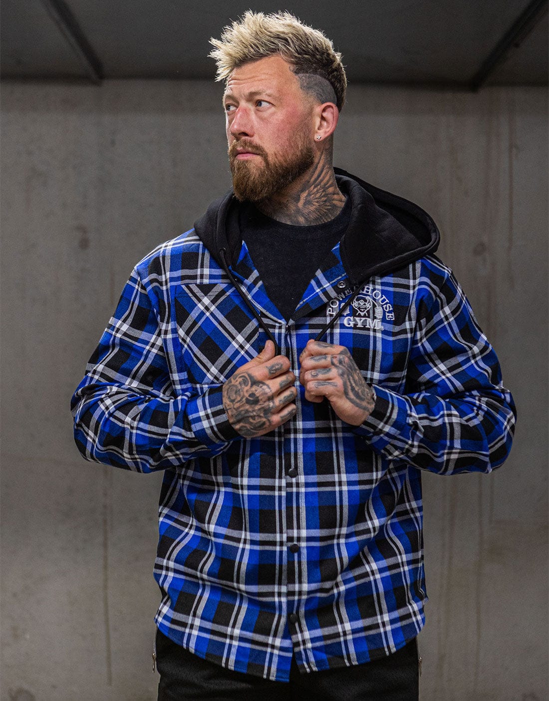 Powerhouse Gym Pro Shop Casual Plaid Flannel Hooded Shirt - Blue