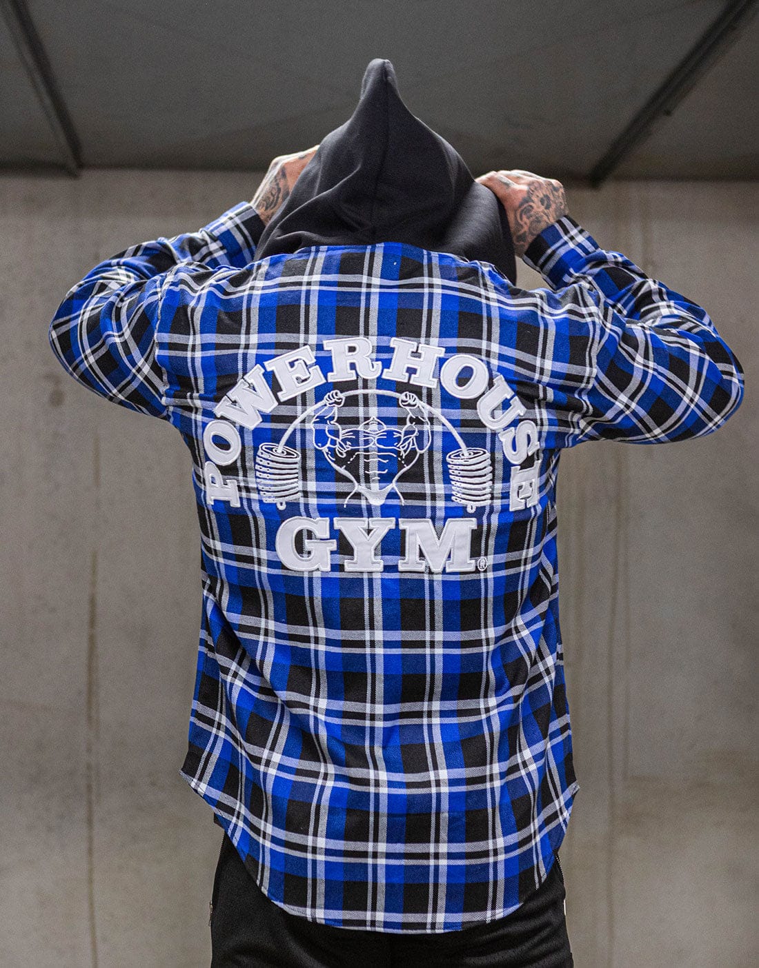 Powerhouse Gym Pro Shop Casual Plaid Flannel Hooded Shirt - Blue