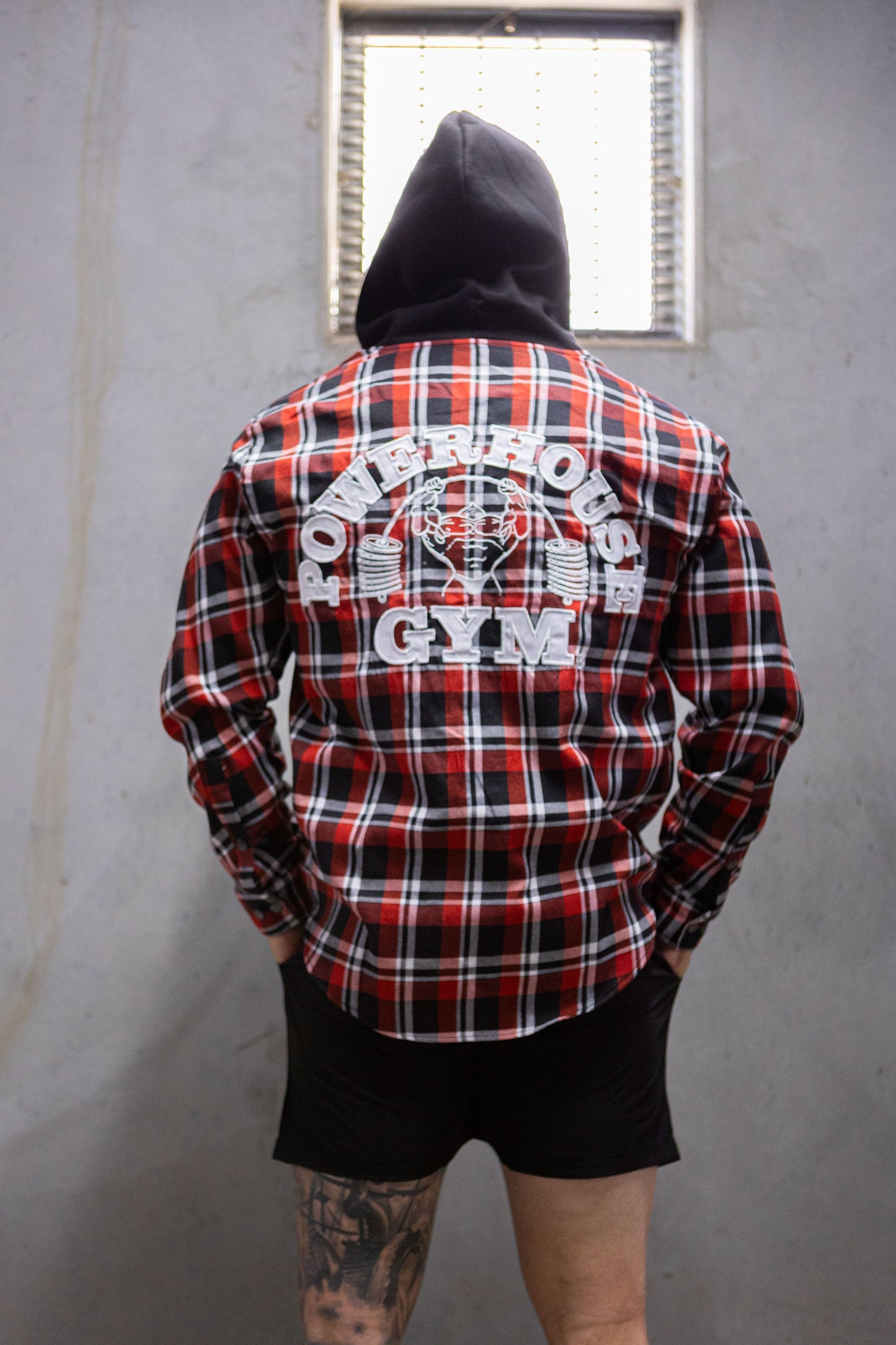 Powerhouse Gym Pro Shop Casual Plaid Flannel Hooded Shirt - Red