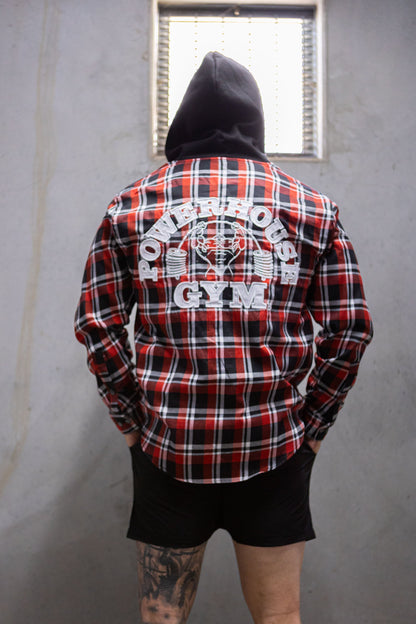 Powerhouse Gym Pro Shop Casual Plaid Flannel Hooded Shirt - Red