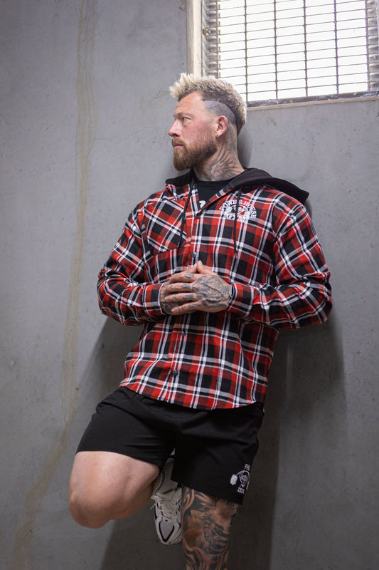 Powerhouse Gym Pro Shop Casual Plaid Flannel Hooded Shirt - Red