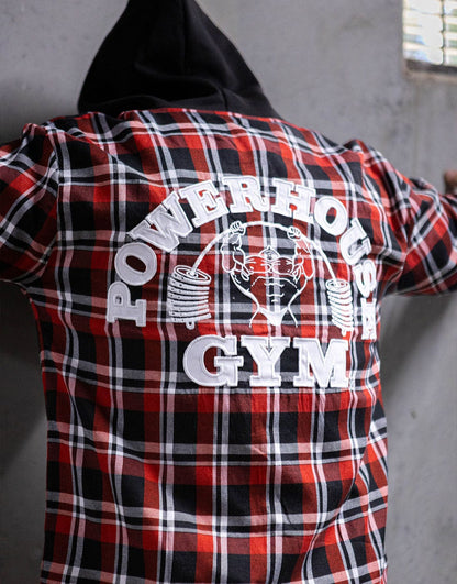 Powerhouse Gym Pro Shop Casual Plaid Flannel Hooded Shirt - Red