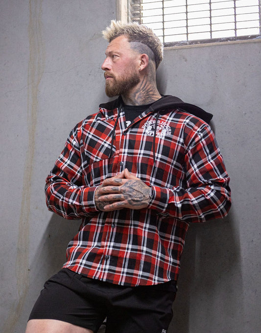 Powerhouse Gym Pro Shop Casual Plaid Flannel Hooded Shirt - Red