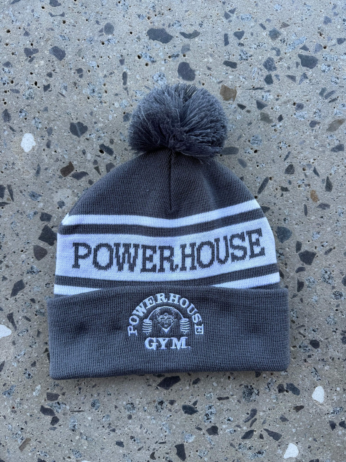 Powerhouse Gym Pro Shop Charcoal/ White Stripe Pom Beanie