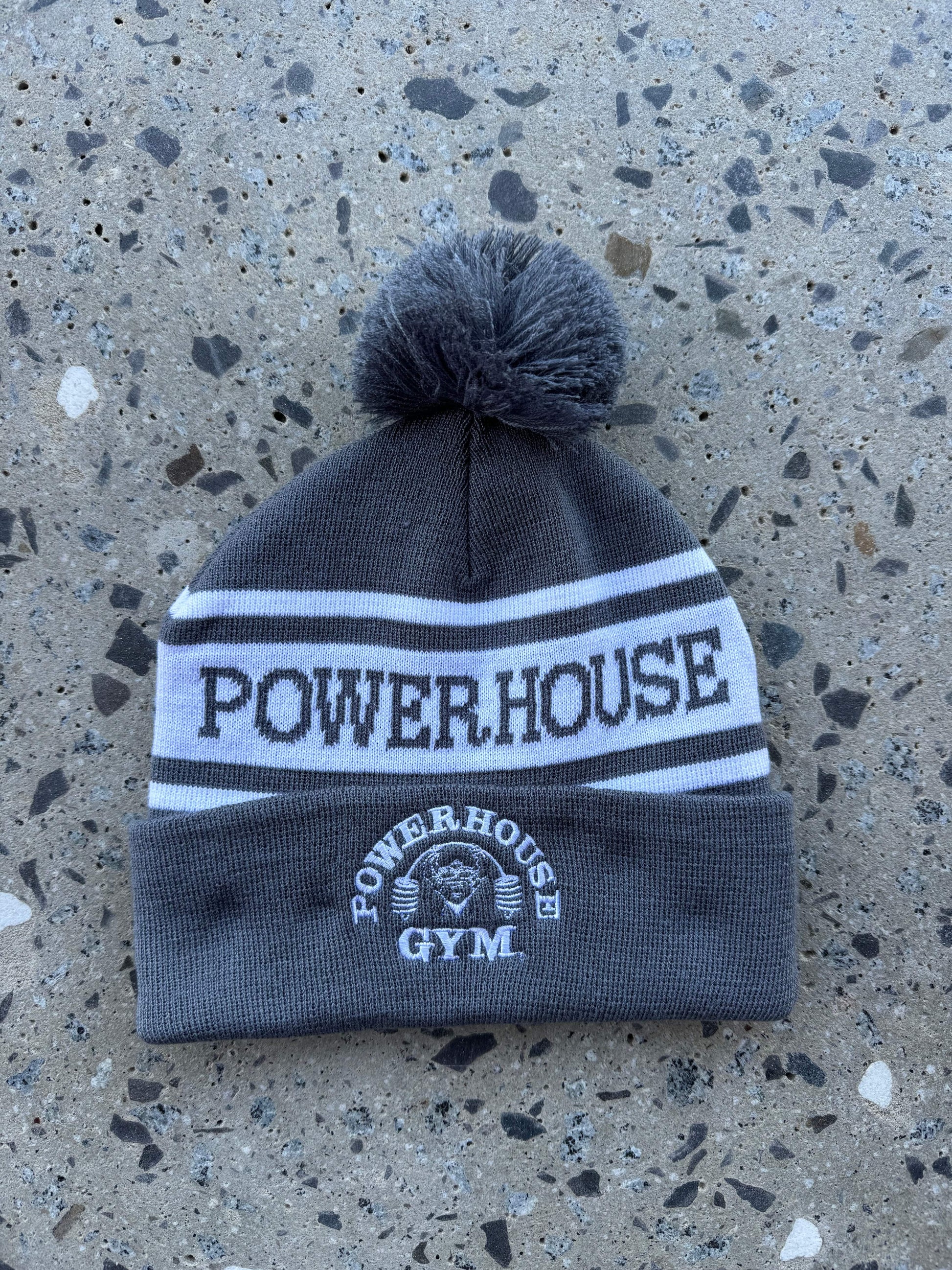 Powerhouse Gym Pro Shop Charcoal/ White Stripe Pom Beanie