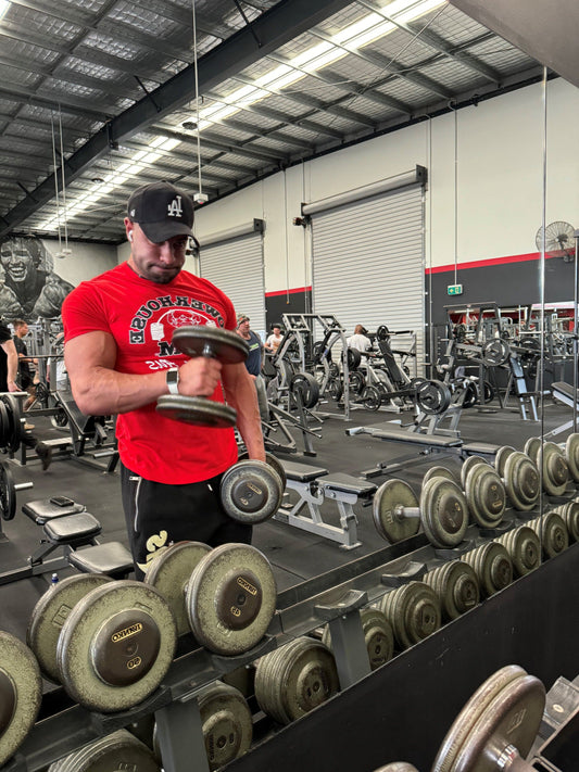 Powerhouse Gym Pro Shop Copy of Block T-Shirt solid red/black, white outline