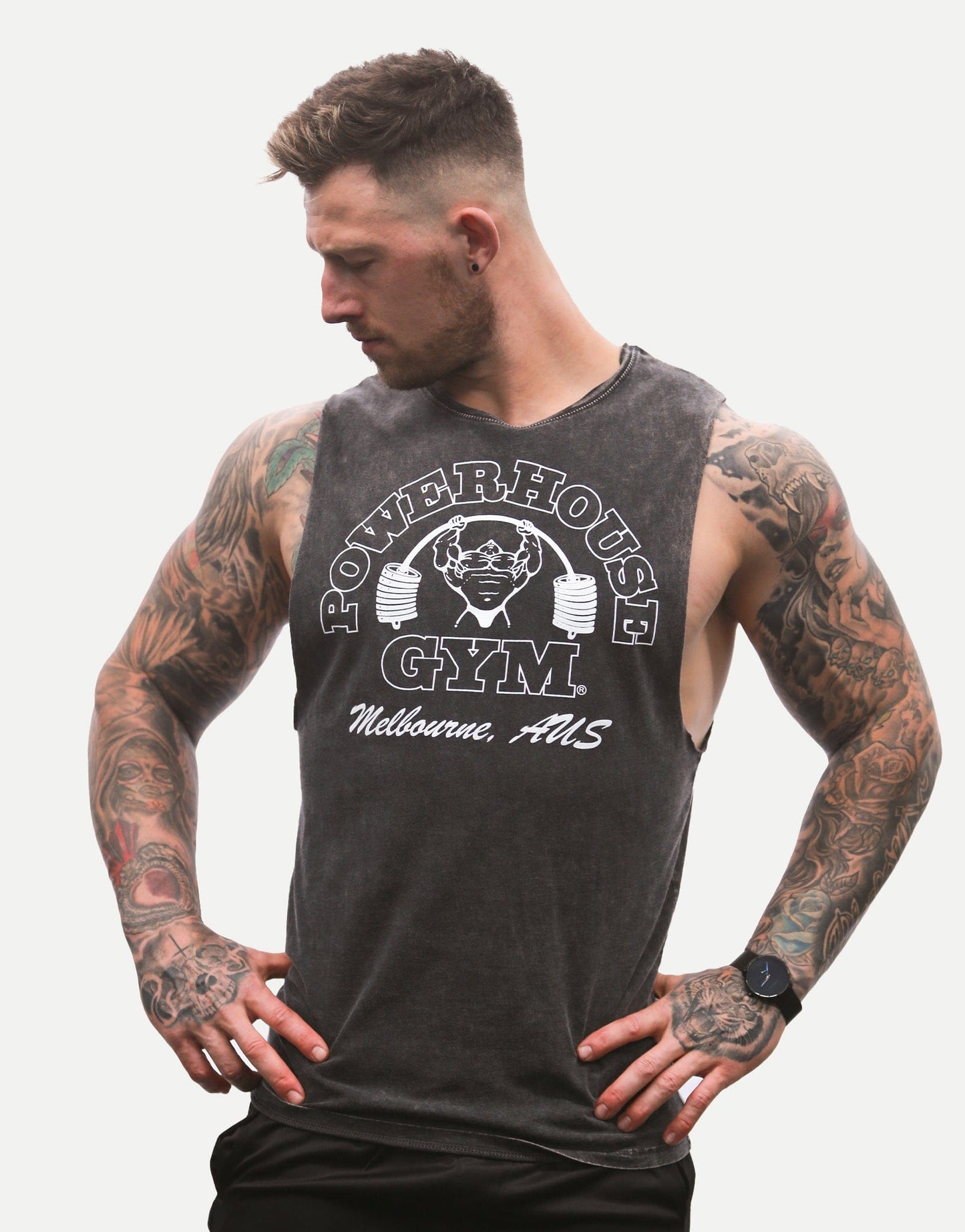 Powerhouse Gym Pro Shop Cut Off T-Shirt Charcoal