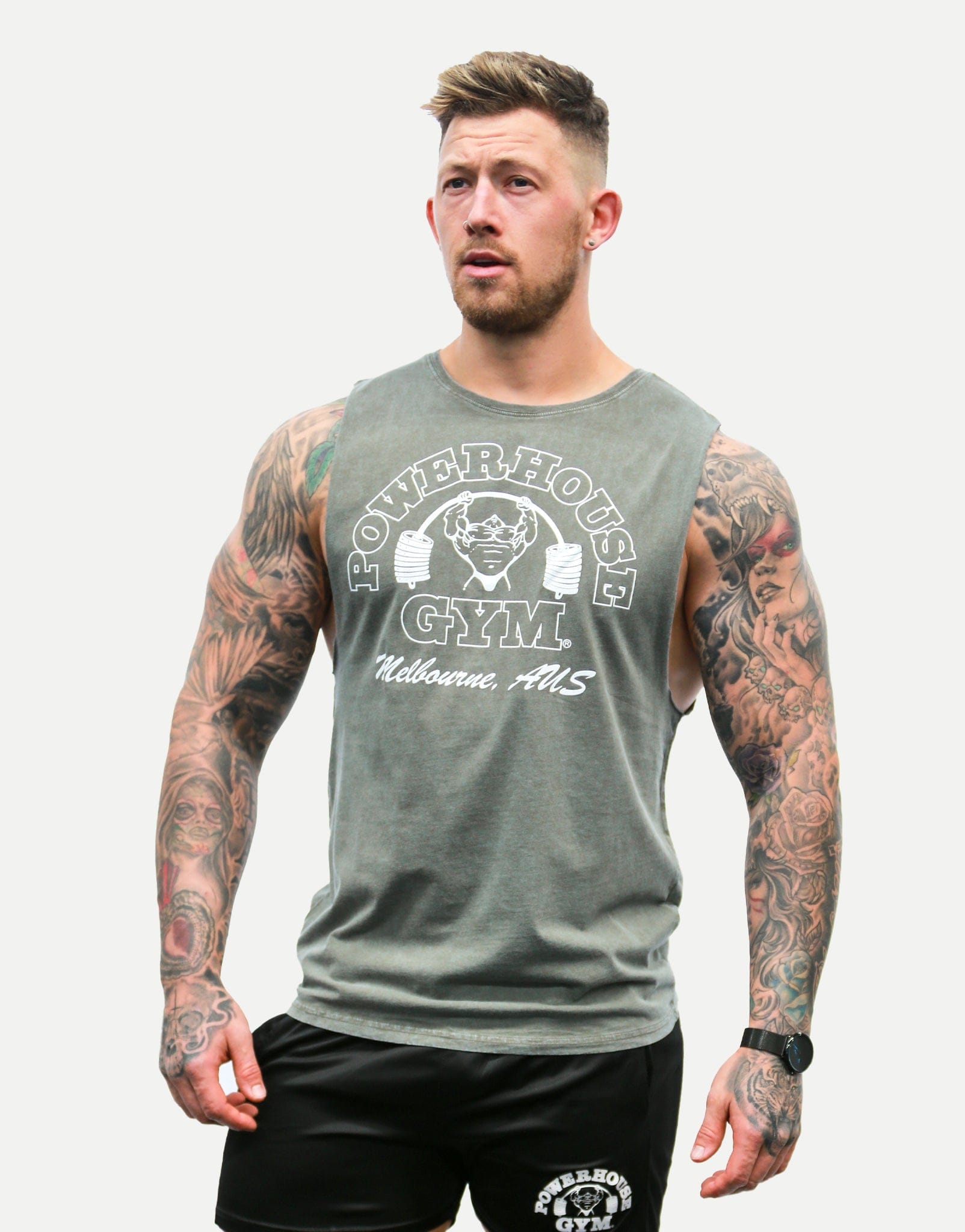 Powerhouse Gym Pro Shop Cut Off T-Shirt Khaki