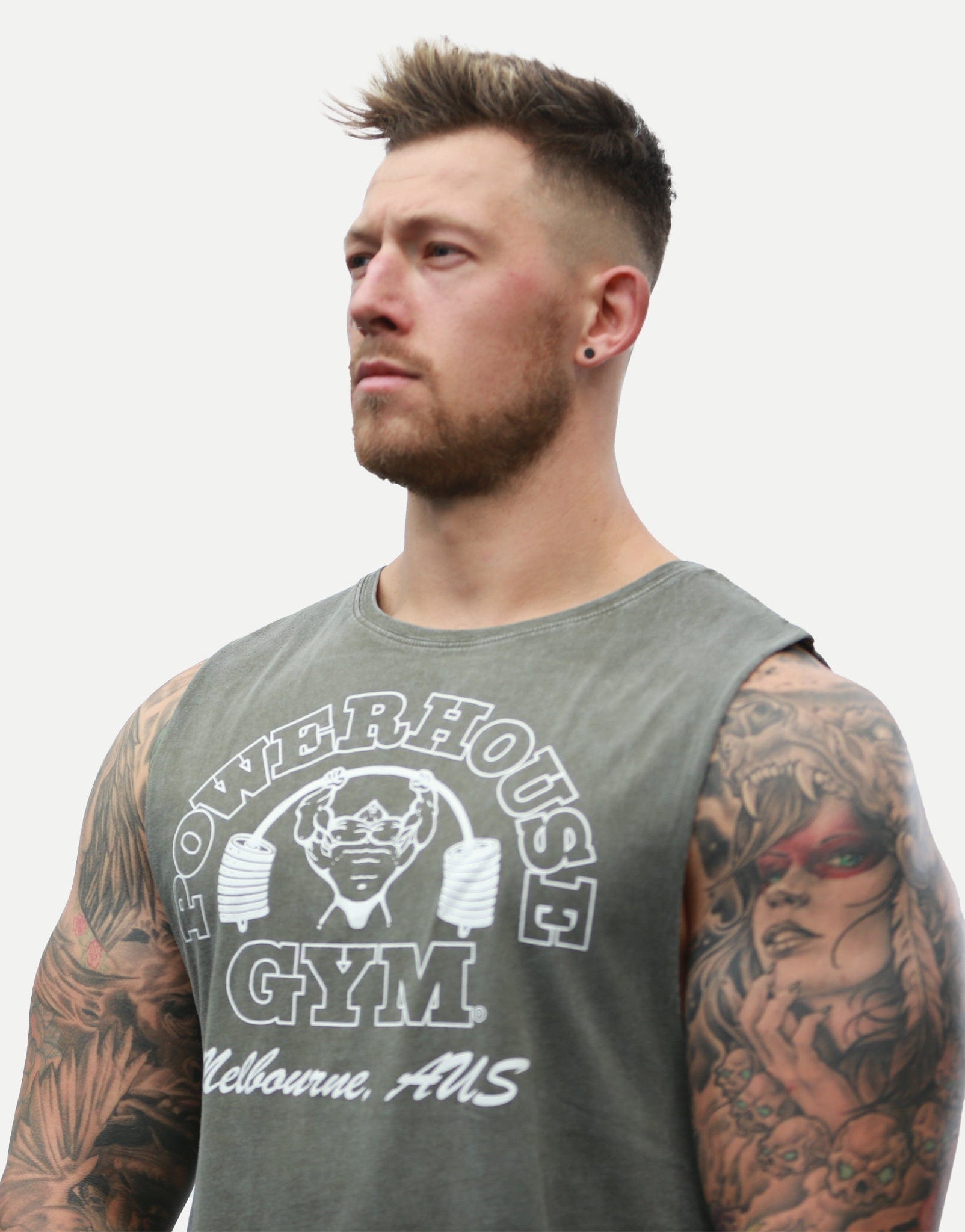 Powerhouse Gym Pro Shop Cut Off T-Shirt Khaki