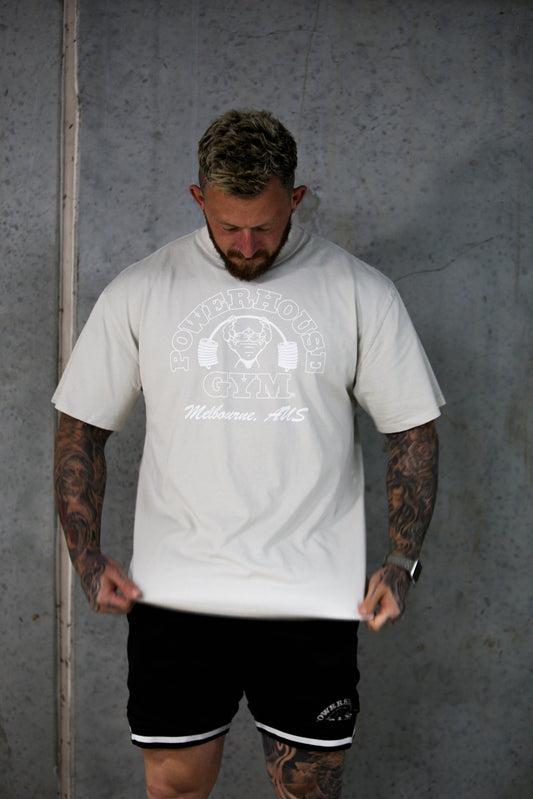 Powerhouse Gym Pro Shop Heavy Faded T-Shirt - Faded Bone/White Print