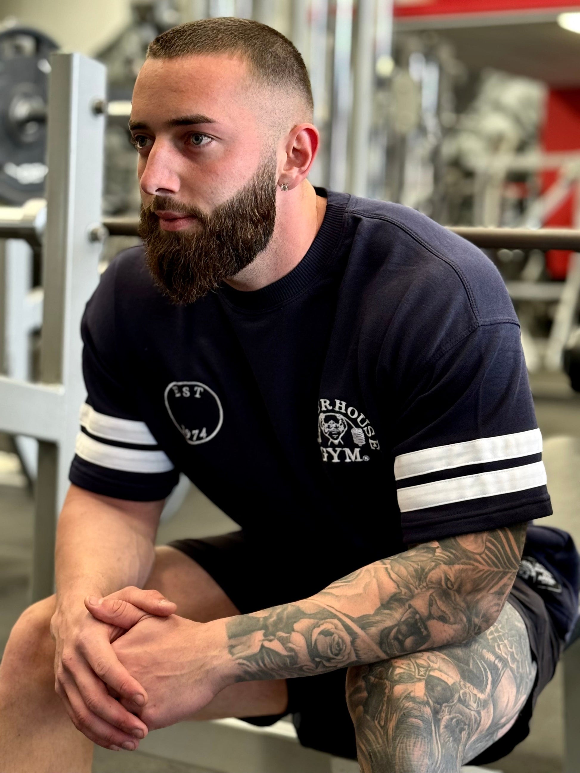 Powerhouse Gym Pro Shop Iron Grip Varsity Tee - Navy/White