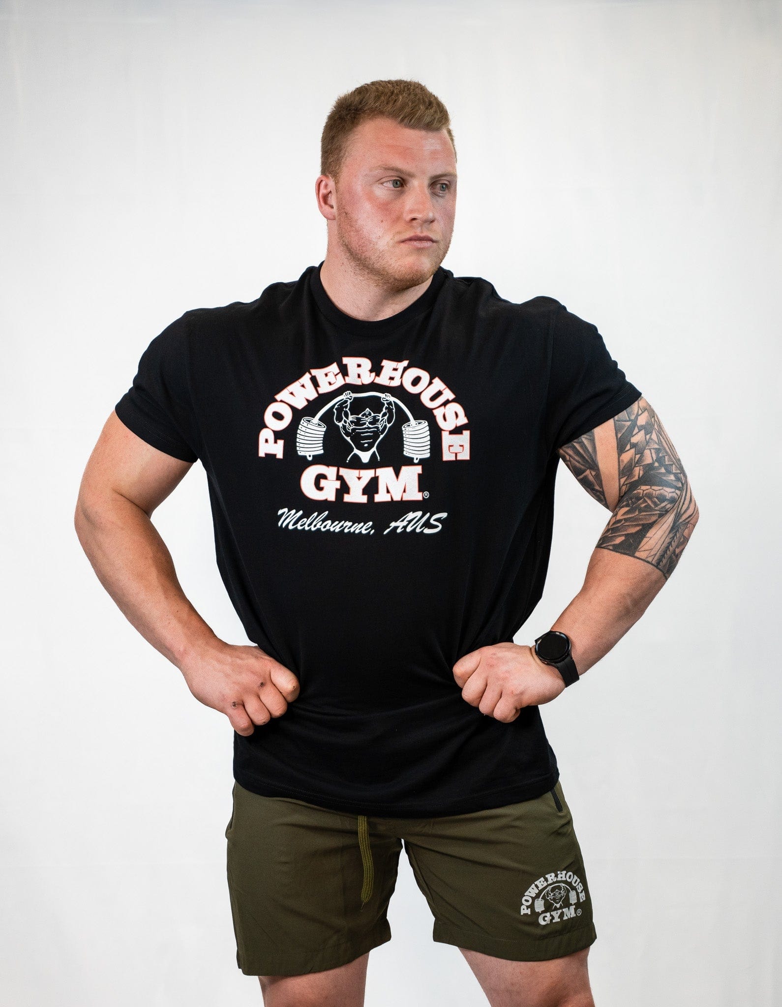 Powerhouse Gym Pro Shop Small Block T-Shirt Black/Solid white w/ Red Outline