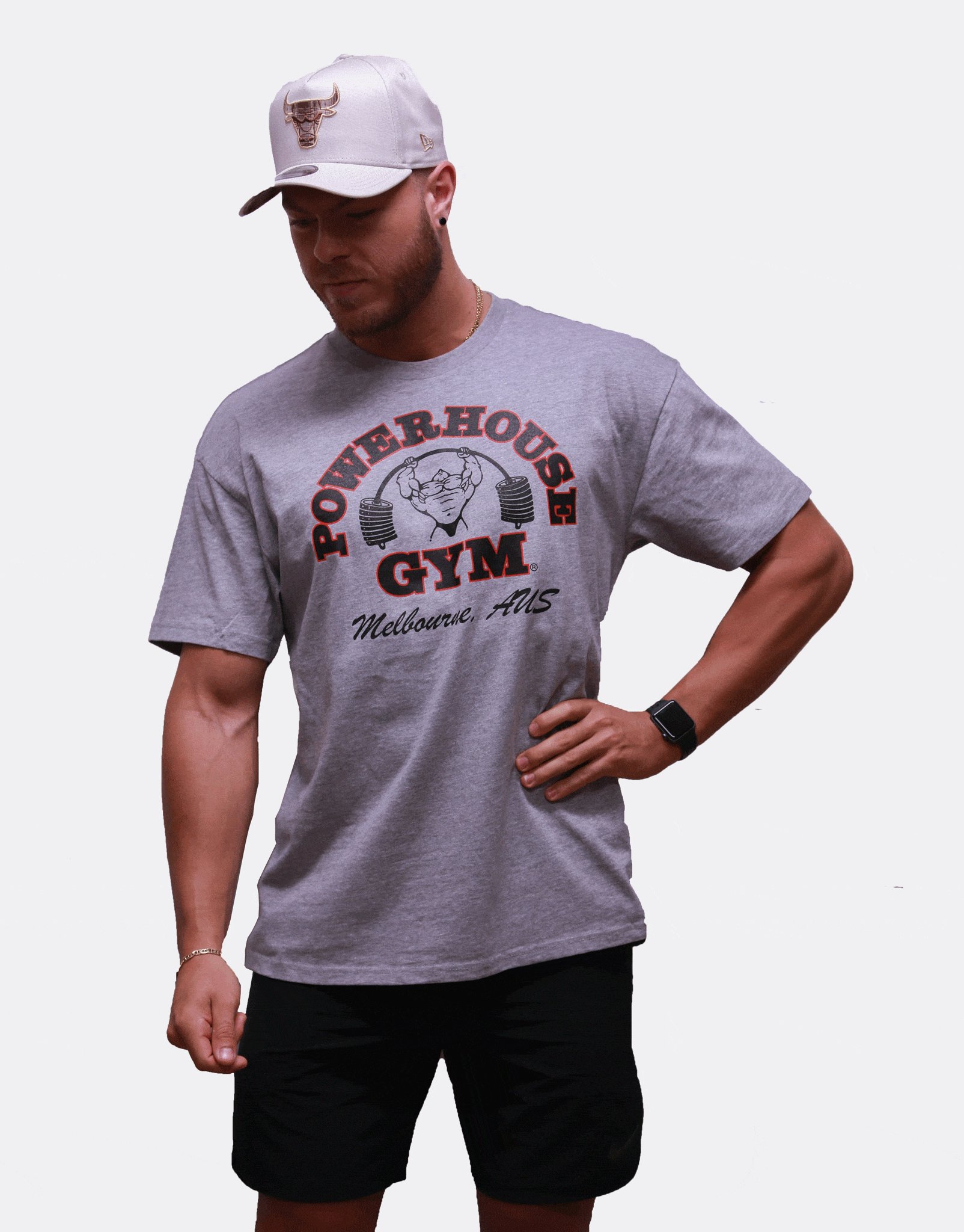 Powerhouse Gym Pro Shop Small Block T-Shirt Grey/Black Red Outline