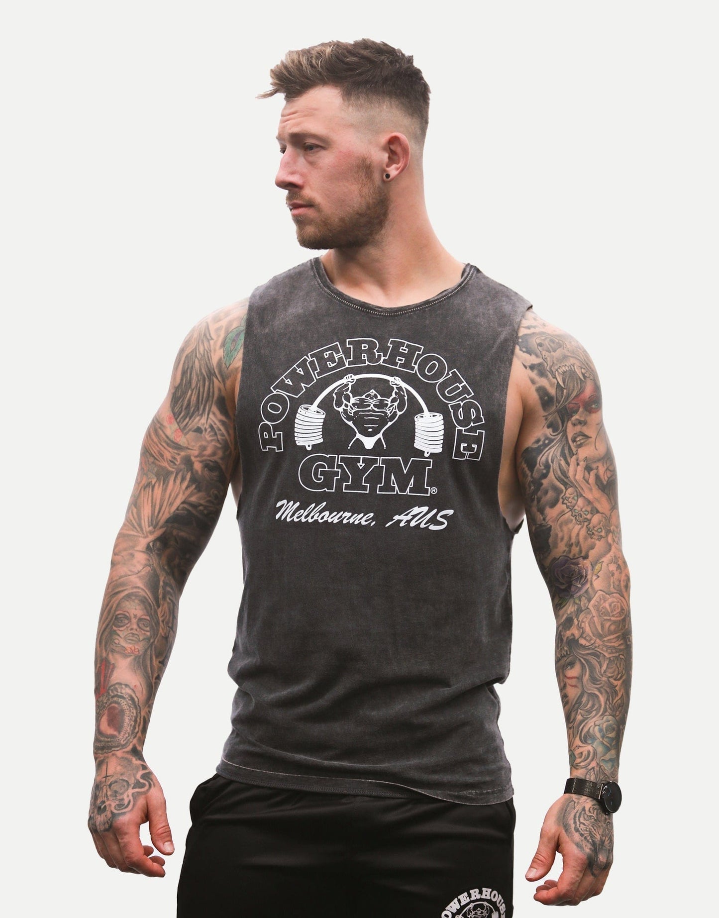 Powerhouse Gym Pro Shop Small Cut Off T-Shirt Charcoal