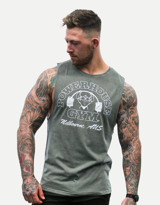 Powerhouse Gym Pro Shop Small Cut Off T-Shirt Khaki