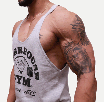 Powerhouse Gym Pro Shop Small T-Back Tank - Black on Grey