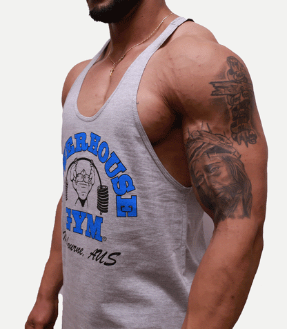 Powerhouse Gym Pro Shop Small T-Back Tank - Blue on Grey