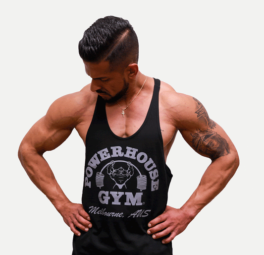 Powerhouse Gym Pro Shop Small T-Back Tank - Grey Wash on Black