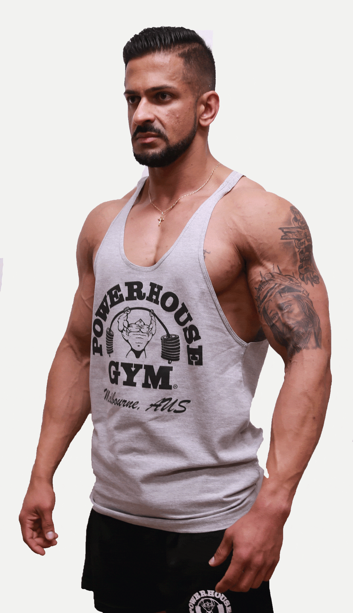 Powerhouse Gym Pro Shop T-Back Tank - Black on Grey