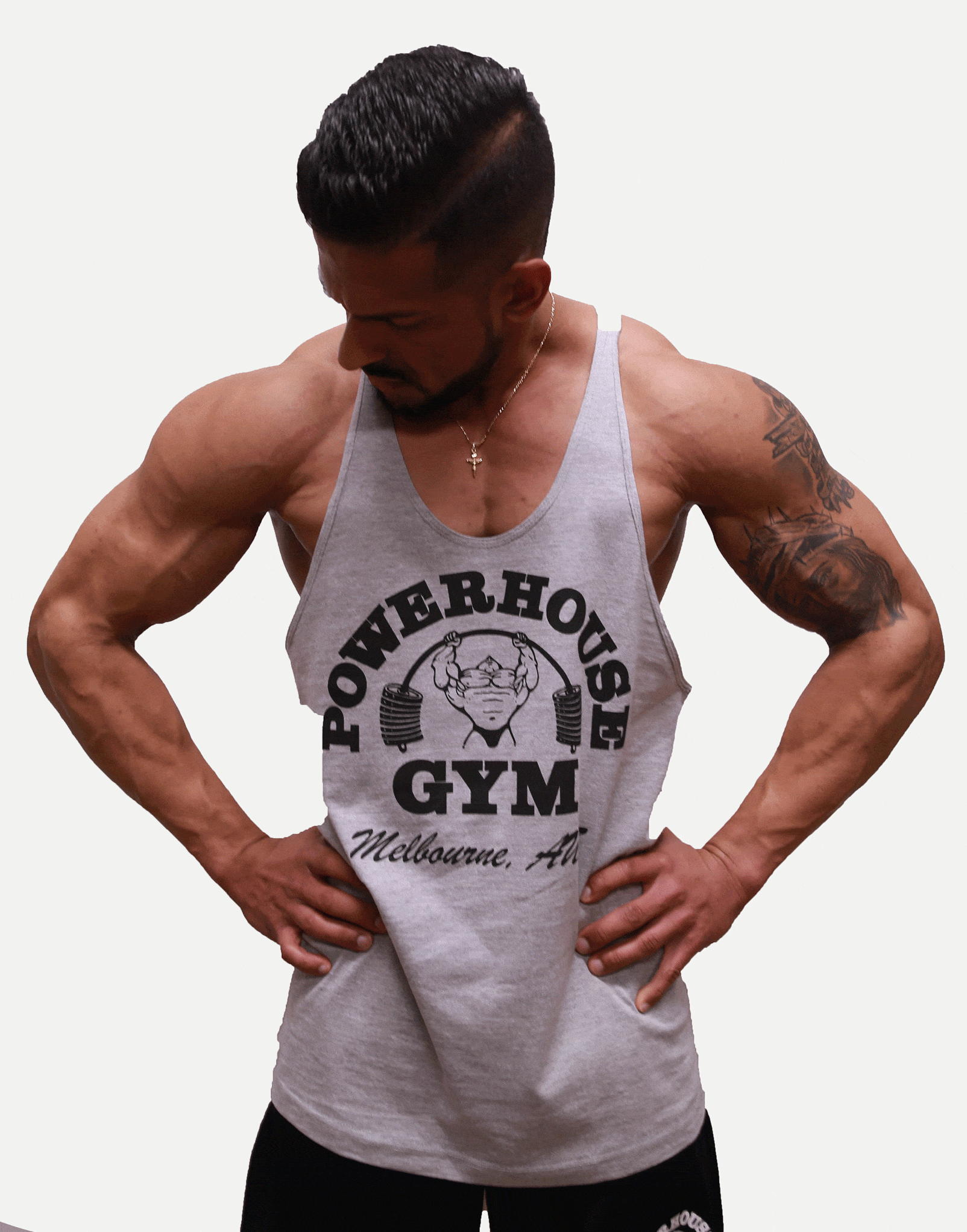 Powerhouse Gym Pro Shop T-Back Tank - Black on Grey