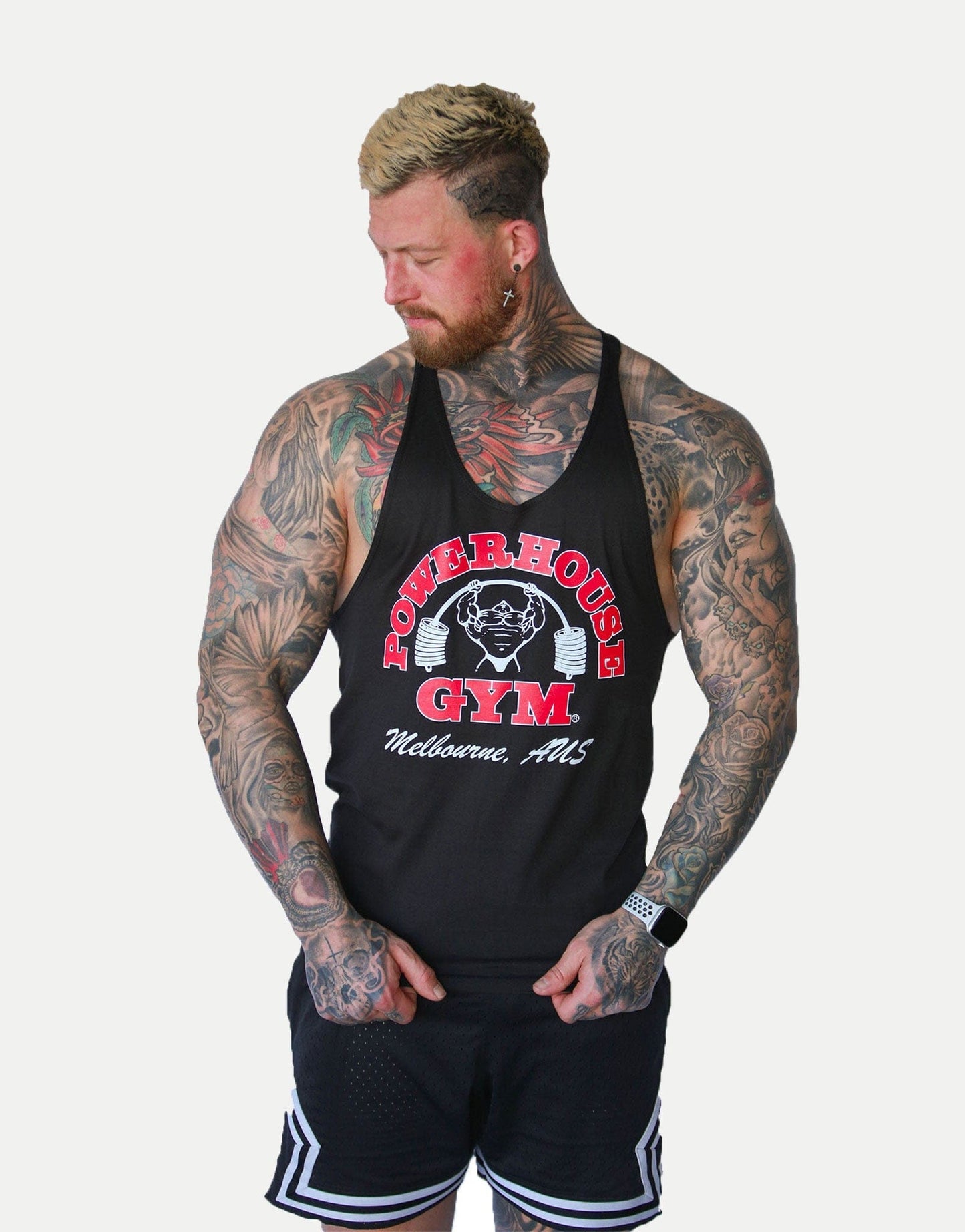 Powerhouse Gym Pro Shop T-Back Tank - Black/ Red White Outline