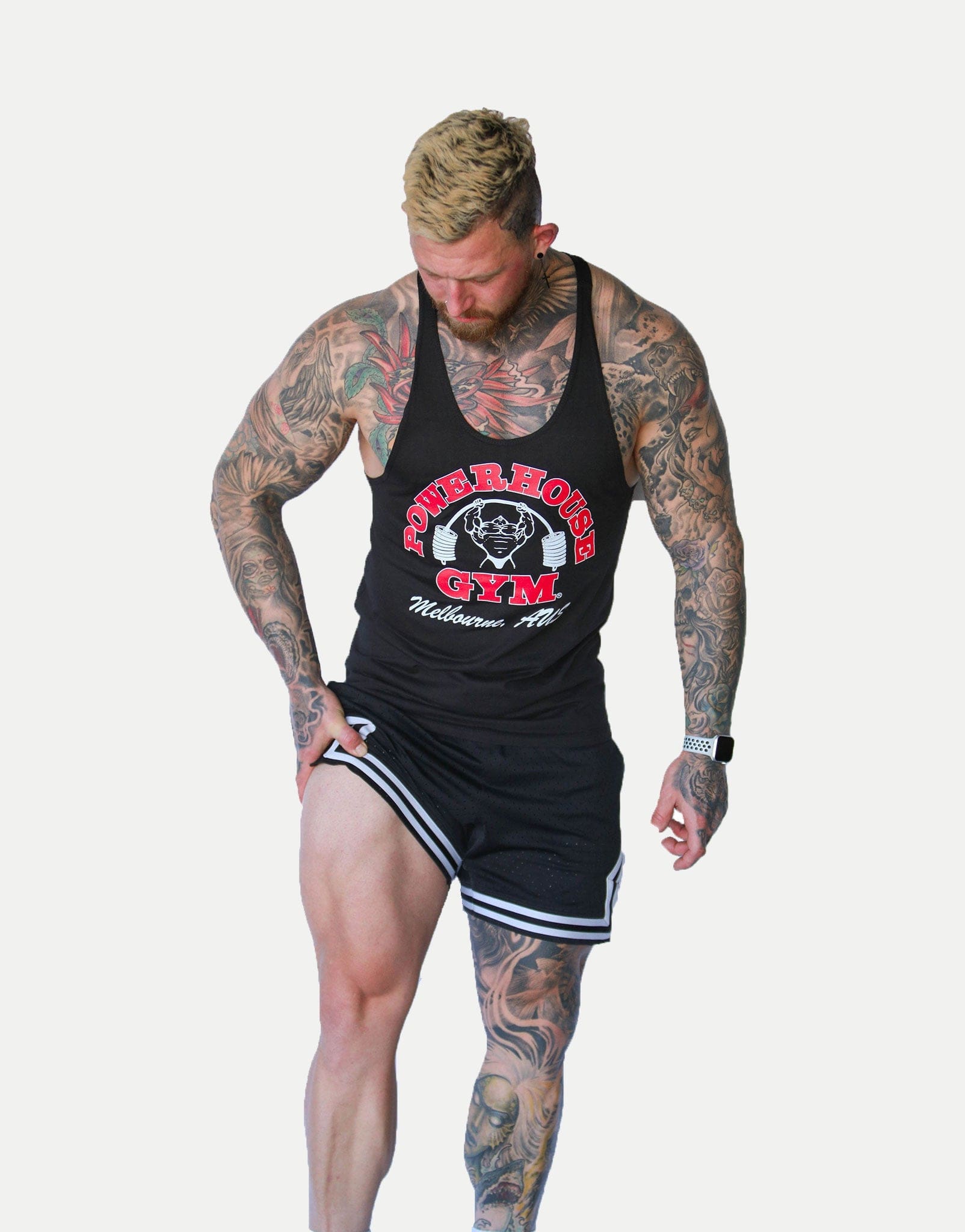 Powerhouse Gym Pro Shop T-Back Tank - Black/ Red White Outline