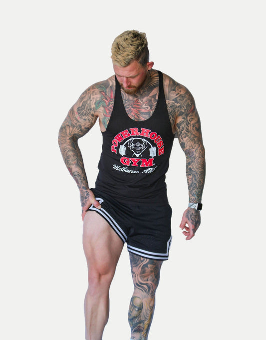 Powerhouse Gym Pro Shop T-Back Tank - Black/ Red White Outline