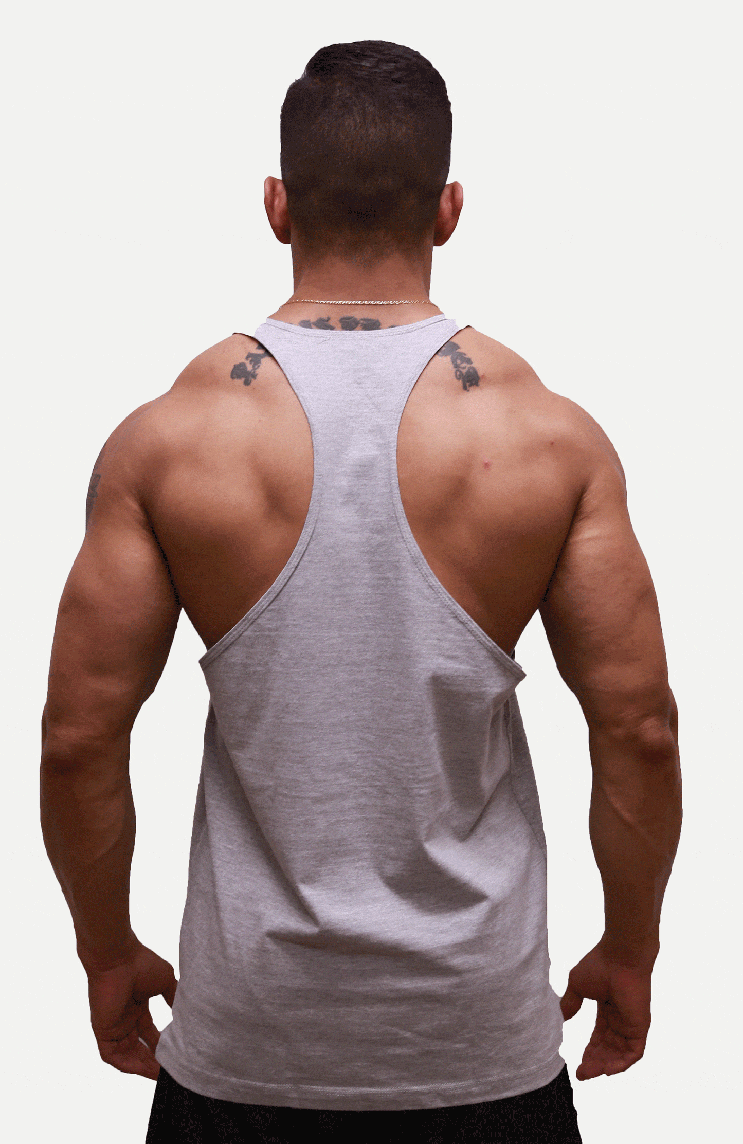 Powerhouse Gym Pro Shop T-Back Tank - Blue on Grey