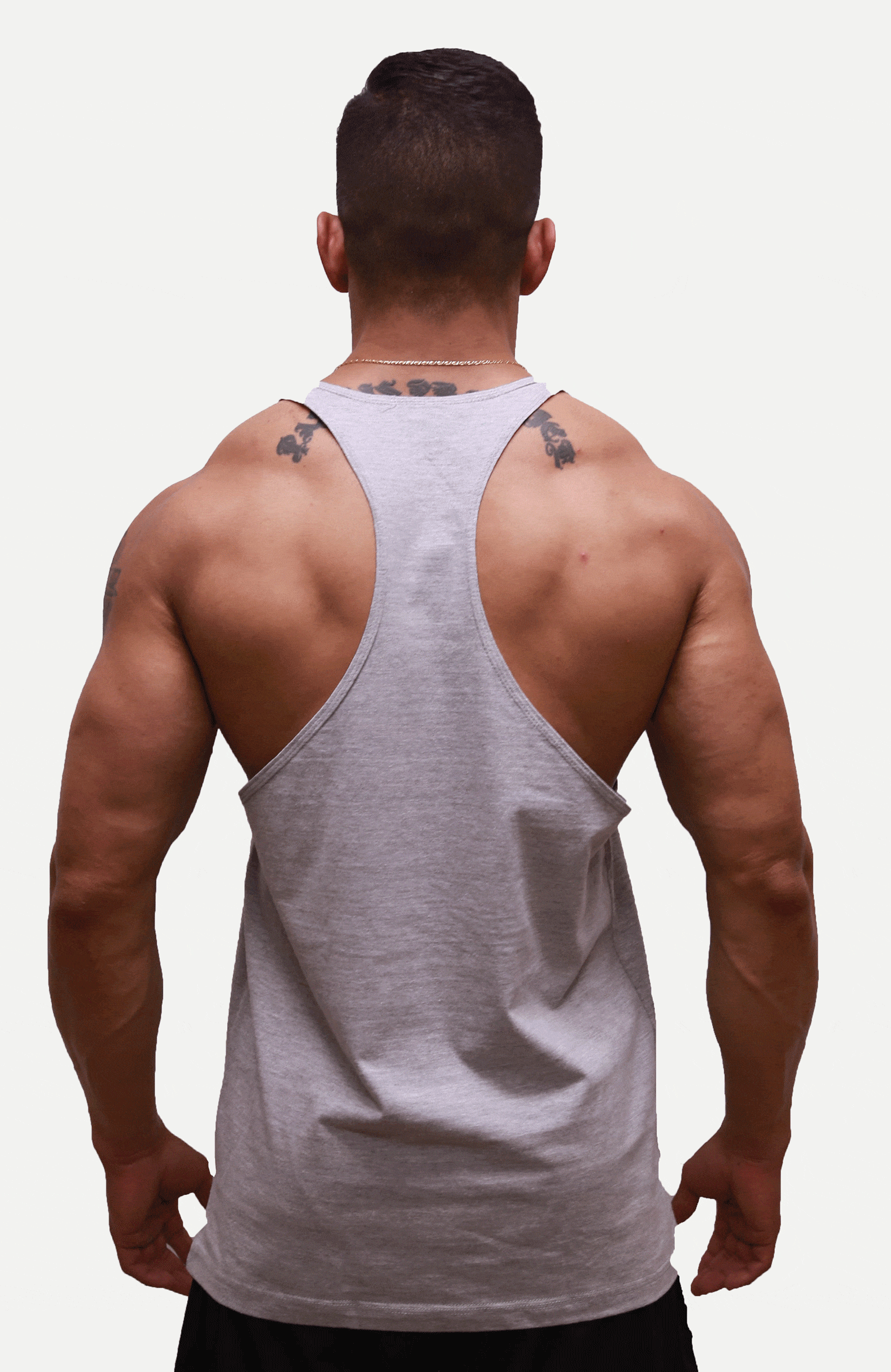 Powerhouse Gym Pro Shop T-Back Tank - Blue on Grey