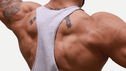 Powerhouse Gym Pro Shop T-Back Tank - Blue on Grey