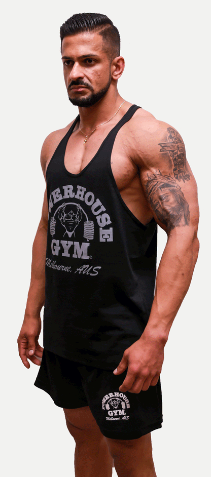 Powerhouse Gym Pro Shop T-Back Tank - Grey Wash on Black