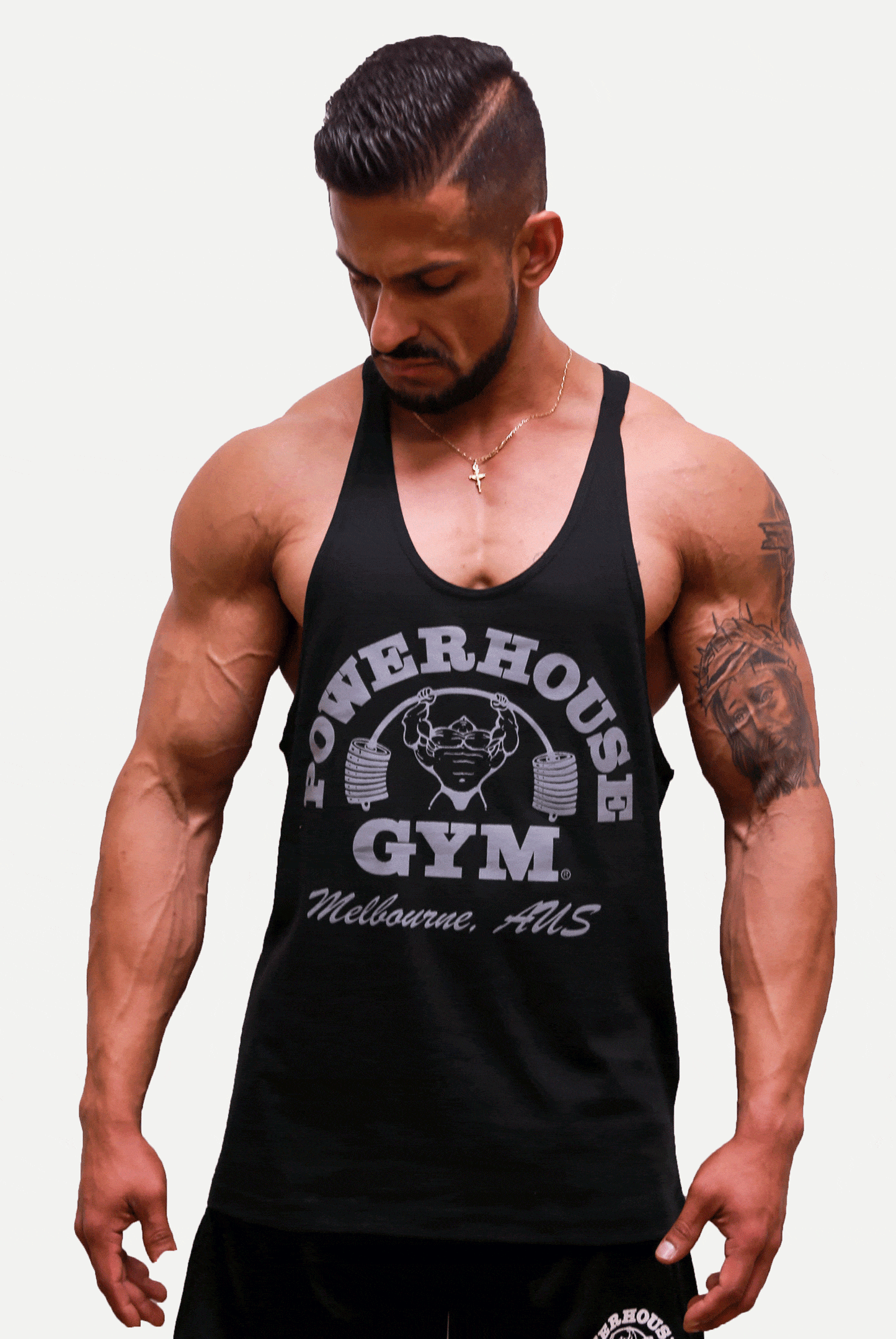 Powerhouse Gym Pro Shop T-Back Tank - Grey Wash on Black